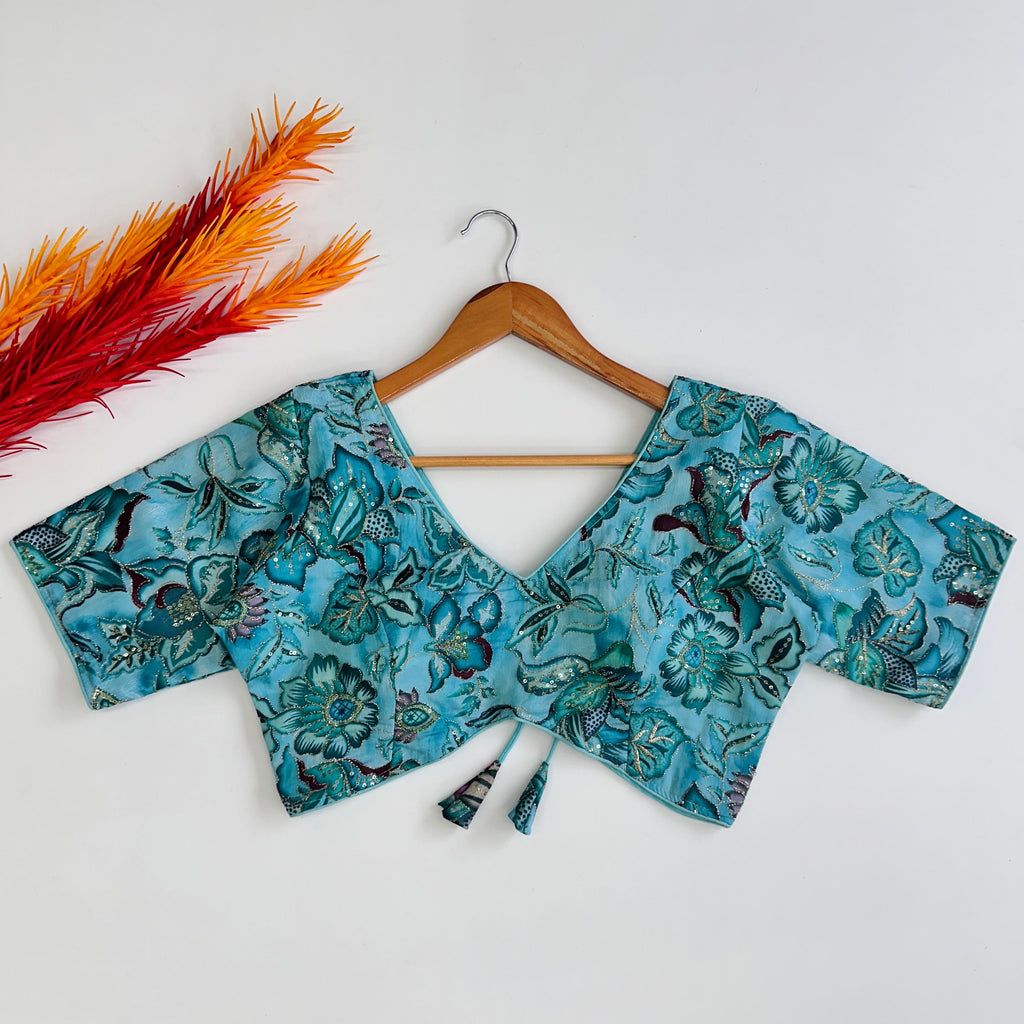 Sky Blue Elegant Hand-Embroidered Tofu Silk Blouse with Sequins ClothsVilla