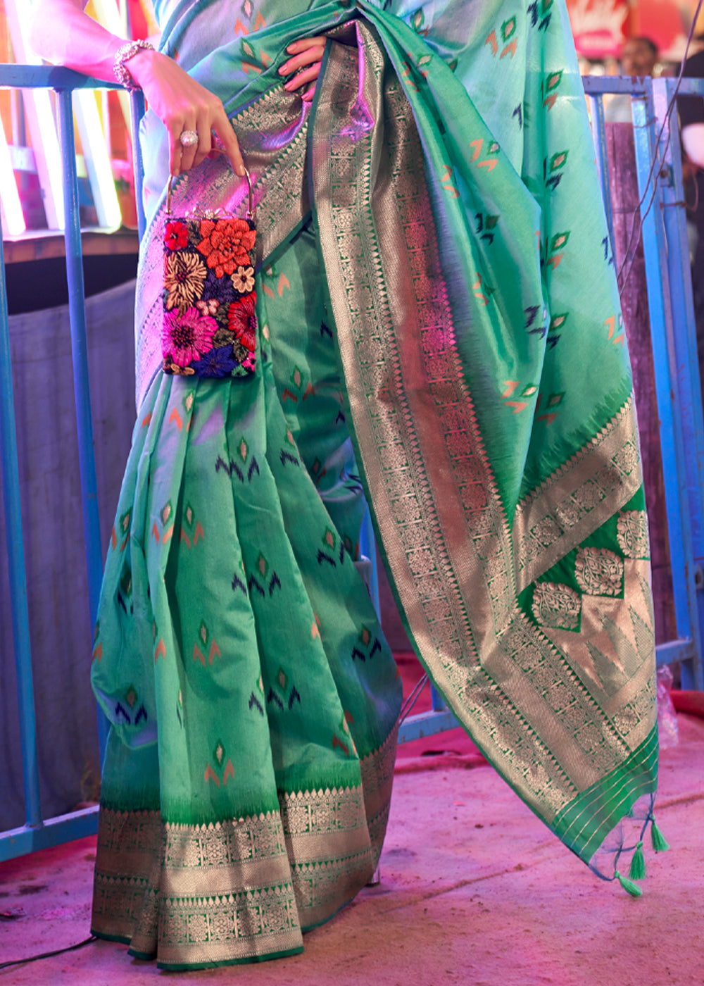 Sky Blue Elegant Handloom Banarasi Silk Blend Saree with Woven Work & Blouse Piece ClothsVilla