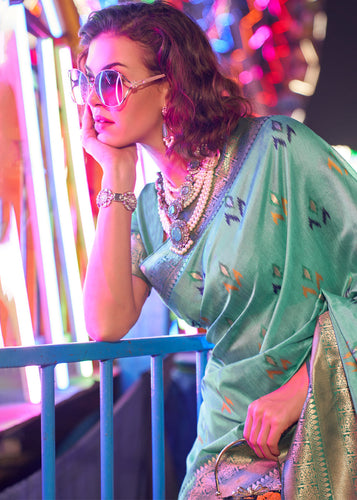 Sky Blue Elegant Handloom Banarasi Silk Blend Saree with Woven Work & Blouse Piece ClothsVilla