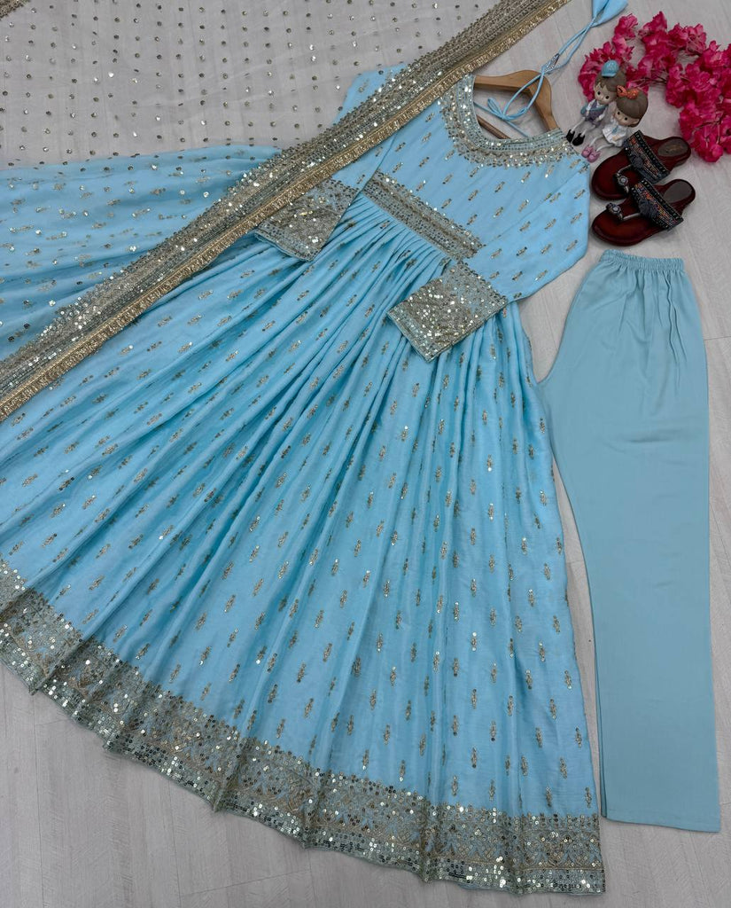 Sky Blue  Elegant Heavy Chinon Silk Embroidered Gown Set with Tassel Sleeves, Bottom & Butterfly Net Dupatta ClothsVilla