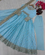 Load image into Gallery viewer, Sky Blue  Elegant Heavy Chinon Silk Embroidered Gown Set with Tassel Sleeves, Bottom &amp; Butterfly Net Dupatta ClothsVilla