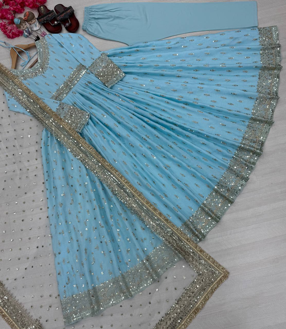 Sky Blue  Elegant Heavy Chinon Silk Embroidered Gown Set with Tassel Sleeves, Bottom & Butterfly Net Dupatta ClothsVilla