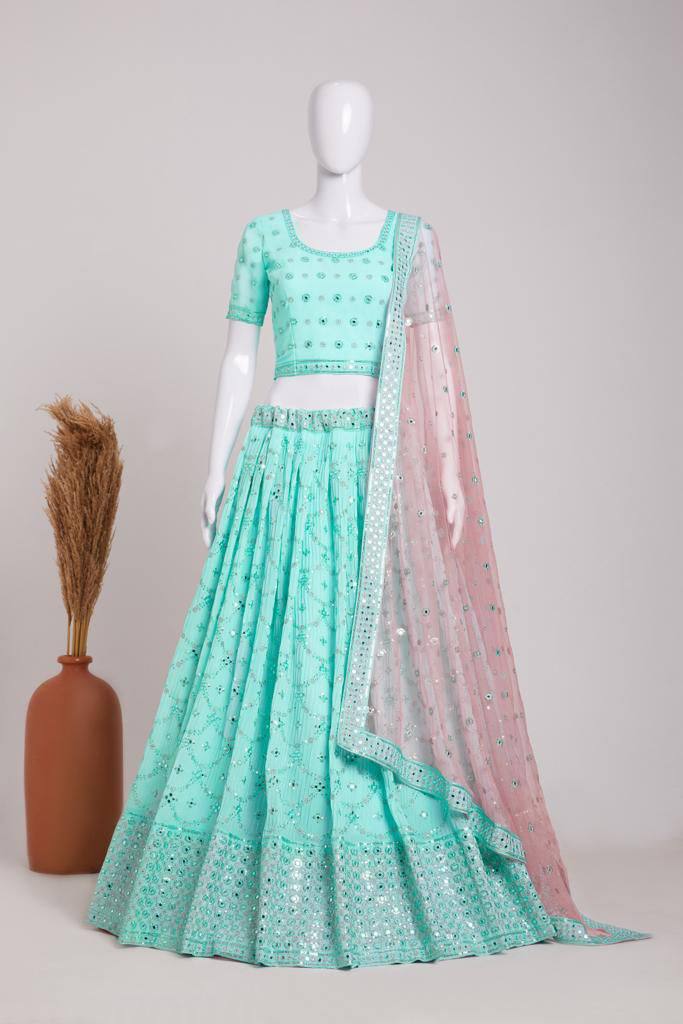 Sky Blue Elegant Heavy Georgette Embroidered Lehenga Set with Sequins & Butterfly Net Dupatta ClothsVilla Main image