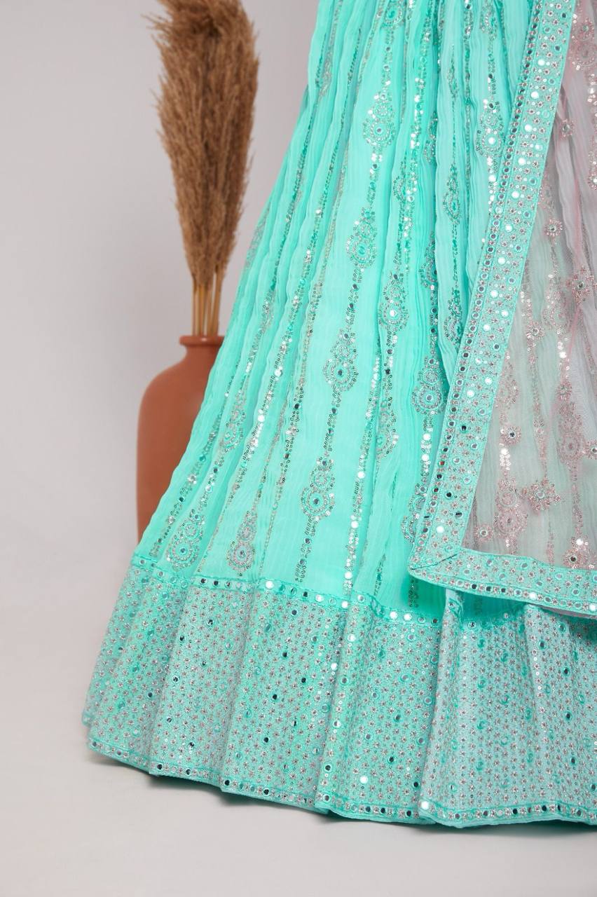 Sky Blue Elegant Heavy Georgette Embroidered Lehenga Set with Sequins & Butterfly Net Dupatta ClothsVilla