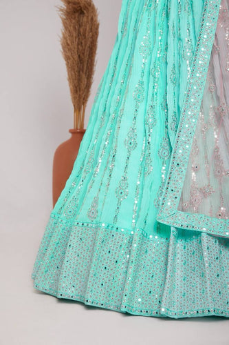 Sky Blue Elegant Heavy Georgette Embroidered Lehenga Set with Sequins & Butterfly Net Dupatta ClothsVilla