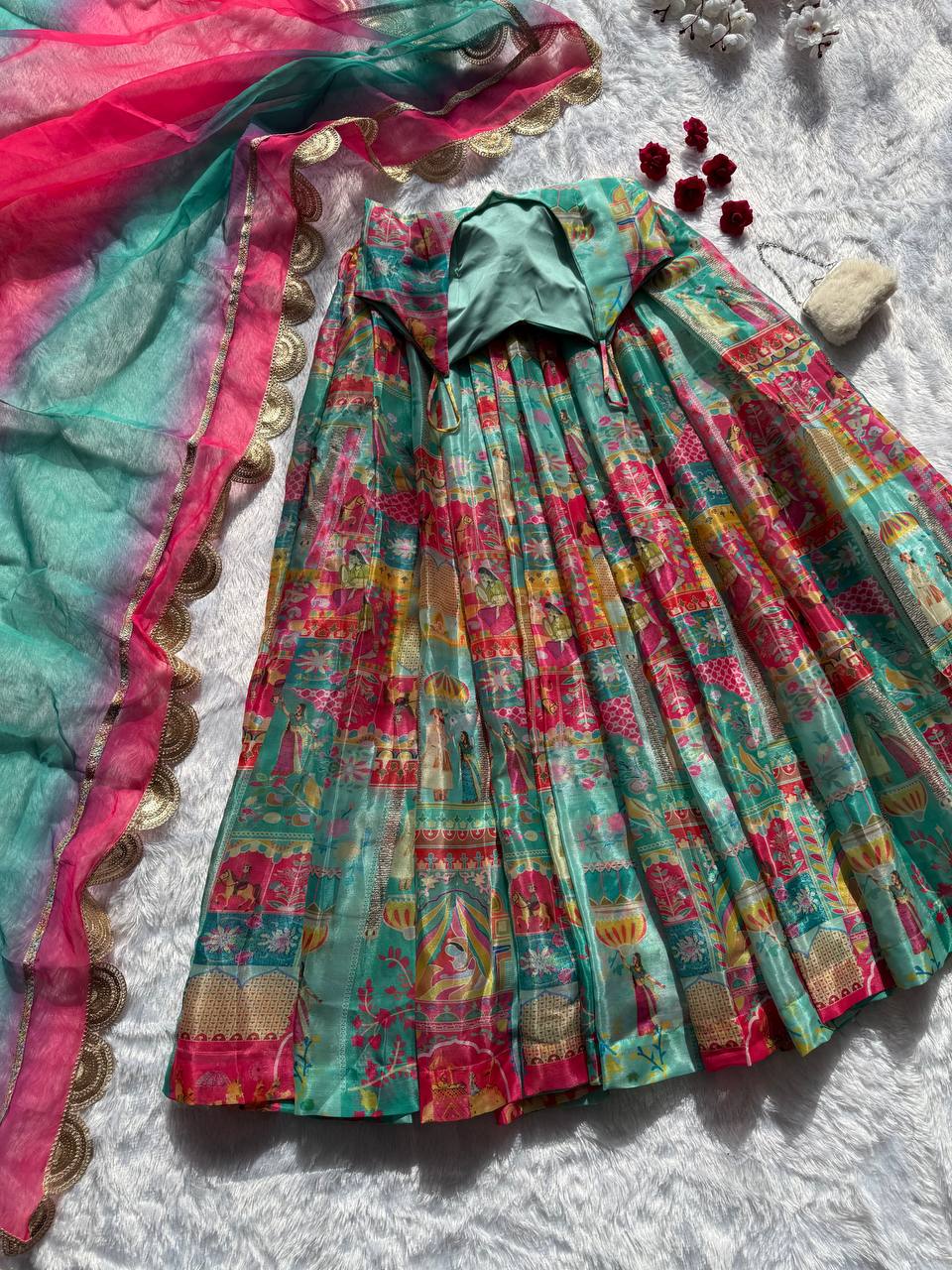 Sky Blue Elegant Jimmy Organza Silk Digital Printed Anarkali Gown with Designer Dupatta – 8 Meter Flair ClothsVilla