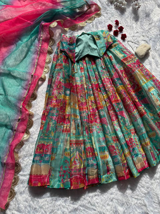 Sky Blue Elegant Jimmy Organza Silk Digital Printed Anarkali Gown with Designer Dupatta – 8 Meter Flair ClothsVilla