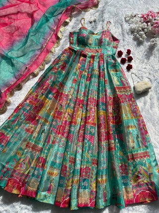 Sky Blue Elegant Jimmy Organza Silk Digital Printed Anarkali Gown with Designer Dupatta – 8 Meter Flair ClothsVilla