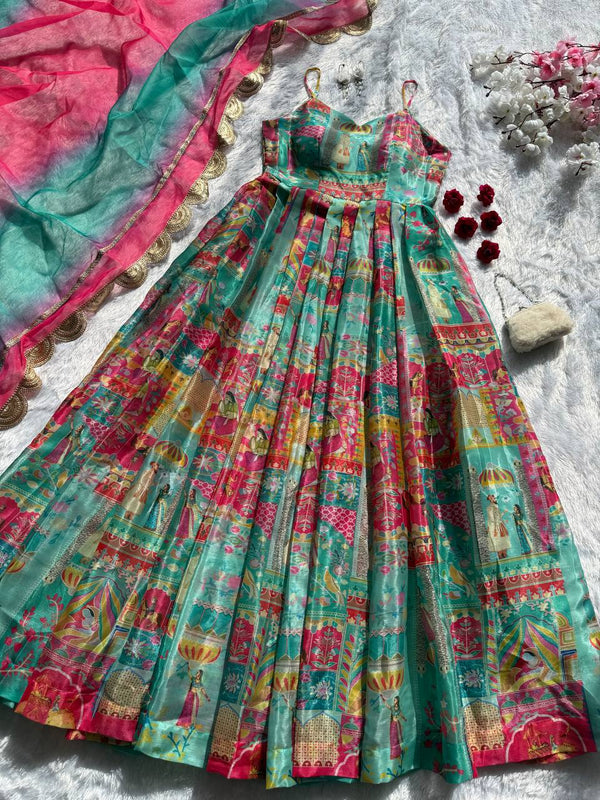 Sky Blue Elegant Jimmy Organza Silk Digital Printed Anarkali Gown with Designer Dupatta – 8 Meter Flair ClothsVilla
