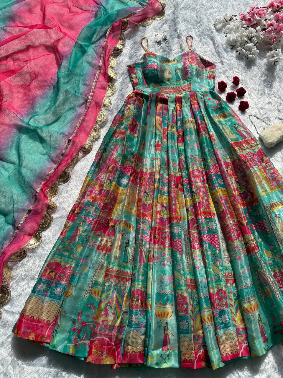 Sky Blue Elegant Jimmy Organza Silk Digital Printed Anarkali Gown with Designer Dupatta – 8 Meter Flair ClothsVilla