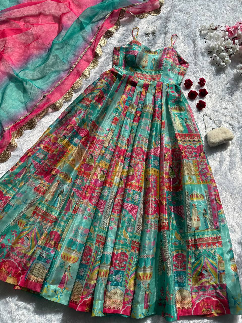 Sky Blue Elegant Jimmy Organza Silk Digital Printed Anarkali Gown with Designer Dupatta – 8 Meter Flair ClothsVilla