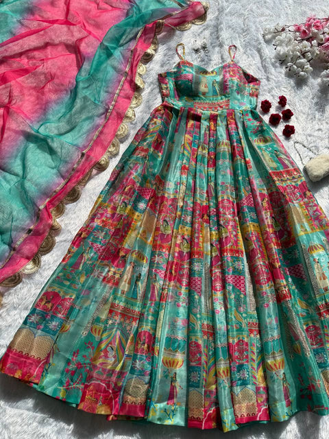 Sky Blue Elegant Jimmy Organza Silk Digital Printed Anarkali Gown with Designer Dupatta – 8 Meter Flair ClothsVilla Main image