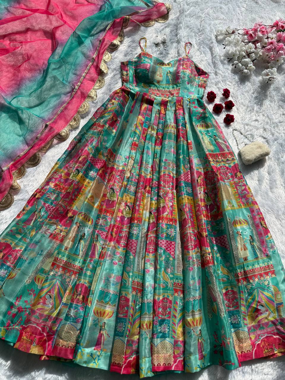 Sky Blue Elegant Jimmy Organza Silk Digital Printed Anarkali Gown with Designer Dupatta – 8 Meter Flair ClothsVilla