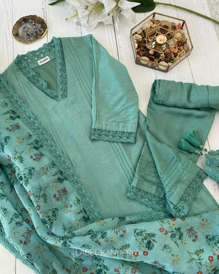 Sky Blue Elegant Maska Cotton Silk Kurta Set with Fancy Cutwork & Dupatta