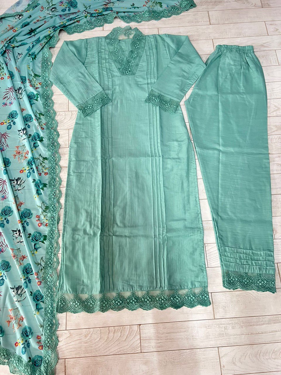 Sky Blue Elegant Maska Cotton Silk Kurta Set with Fancy Cutwork & Dupatta