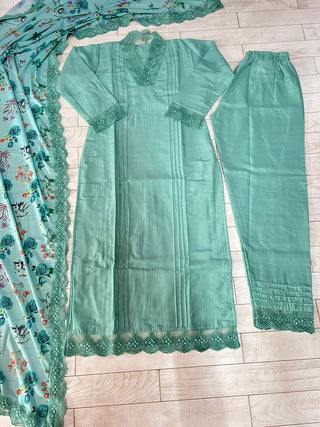 Sky Blue Elegant Maska Cotton Silk Kurta Set with Fancy Cutwork & Dupatta