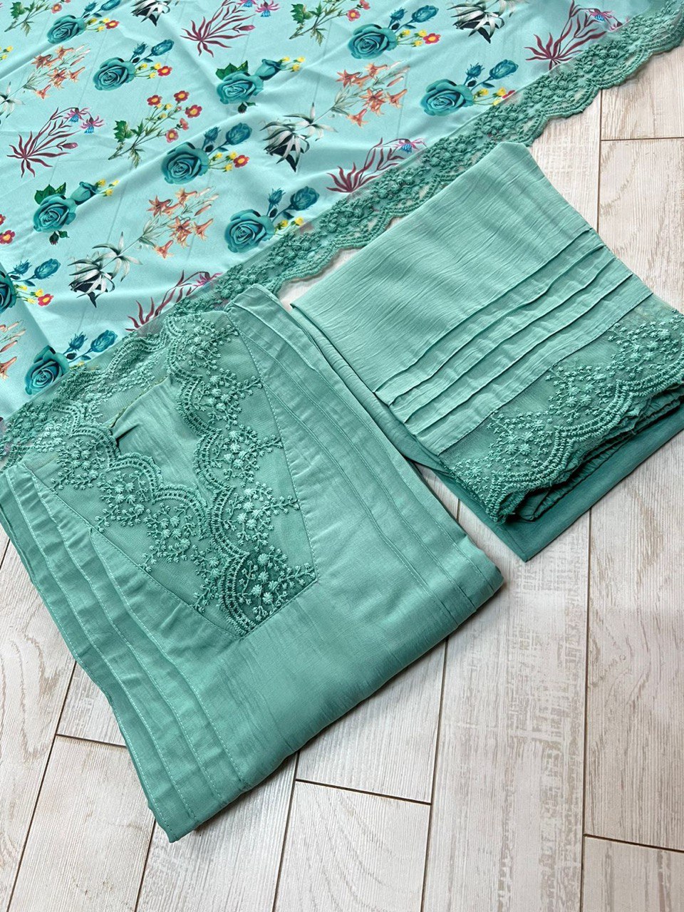 Sky Blue Elegant Maska Cotton Silk Kurta Set with Fancy Cutwork & Dupatta