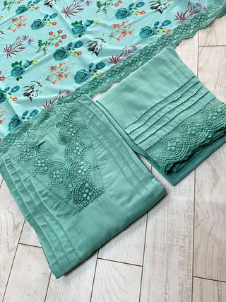 Sky Blue Elegant Maska Cotton Silk Kurta Set with Fancy Cutwork & Dupatta