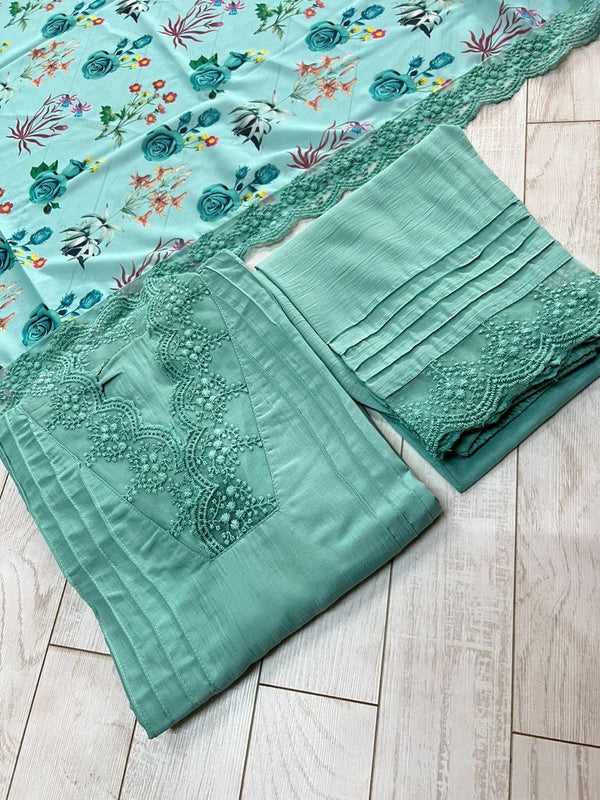 Sky Blue Elegant Maska Cotton Silk Kurta Set with Fancy Cutwork & Dupatta