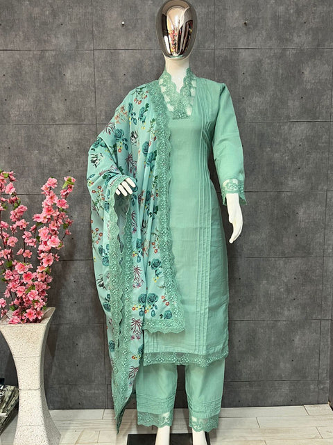 Sky Blue Elegant Maska Cotton Silk Kurta Set with Fancy Cutwork & Dupatta Main image