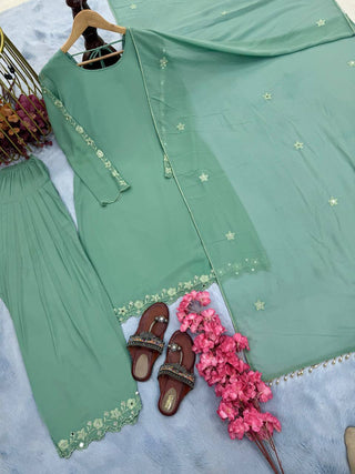 Sky Blue Elegant Mirror Work Faux Georgette Set Embroidered Top, Farshi Plazzo & Dupatta ClothsVilla