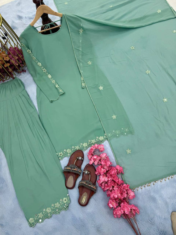 Sky Blue Elegant Mirror Work Faux Georgette Set Embroidered Top, Farshi Plazzo & Dupatta ClothsVilla
