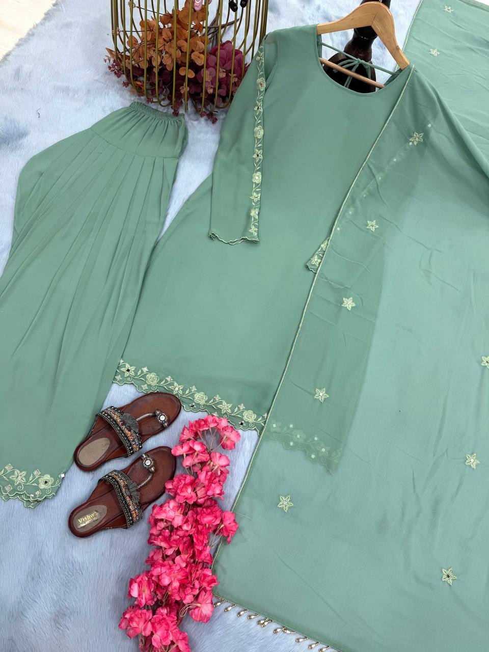 Sky Blue Elegant Mirror Work Faux Georgette Set Embroidered Top, Farshi Plazzo & Dupatta ClothsVilla