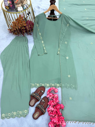 Sky Blue Elegant Mirror Work Faux Georgette Set Embroidered Top, Farshi Plazzo & Dupatta ClothsVilla