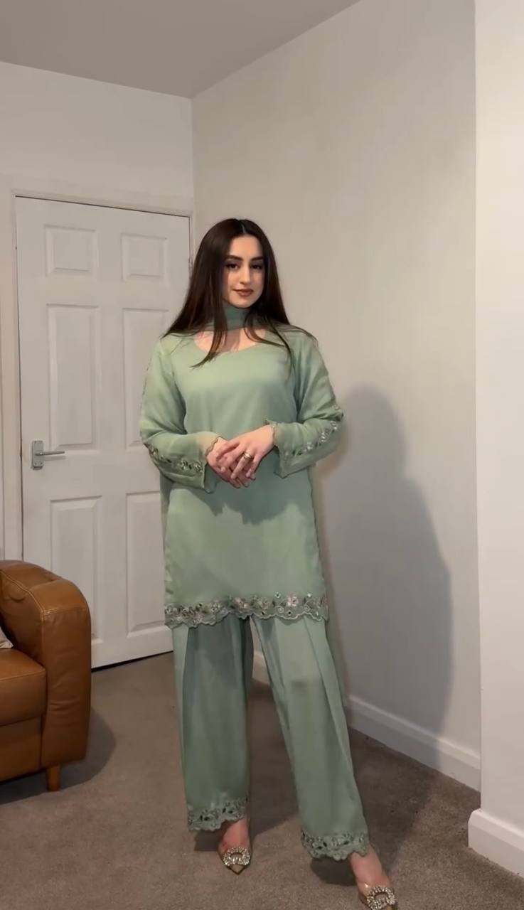 Sky Blue Elegant Mirror Work Faux Georgette Set Embroidered Top, Farshi Plazzo & Dupatta ClothsVilla