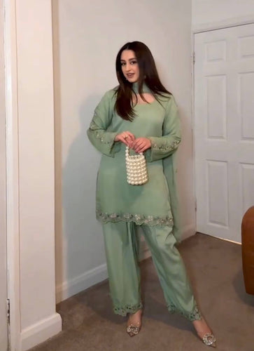 Sky Blue Elegant Mirror Work Faux Georgette Set Embroidered Top, Farshi Plazzo & Dupatta ClothsVilla