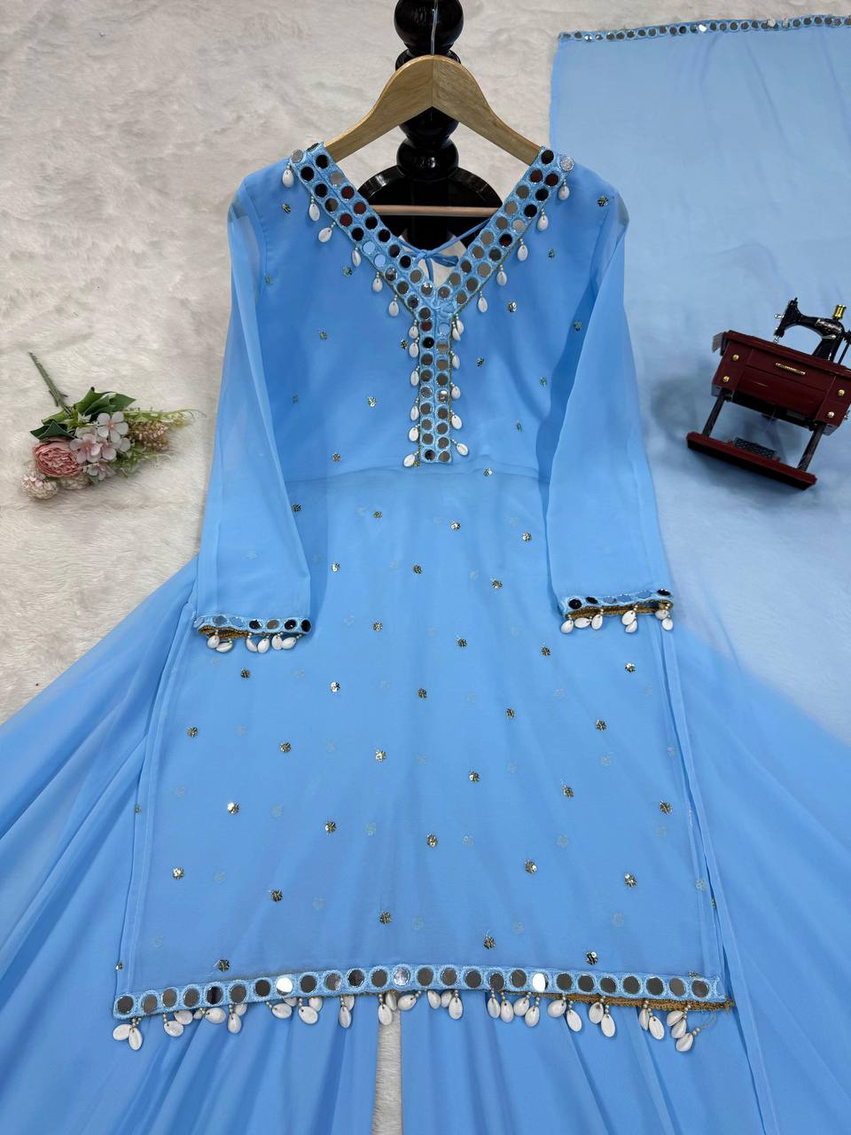 Sky Blue Elegant Mirror Work Georgette Suit Set ClothsVilla