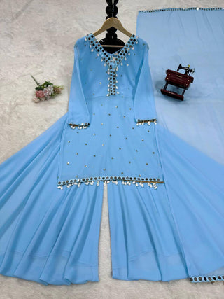 Sky Blue Elegant Mirror Work Georgette Suit Set ClothsVilla