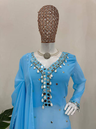 Sky Blue Elegant Mirror Work Georgette Suit Set ClothsVilla