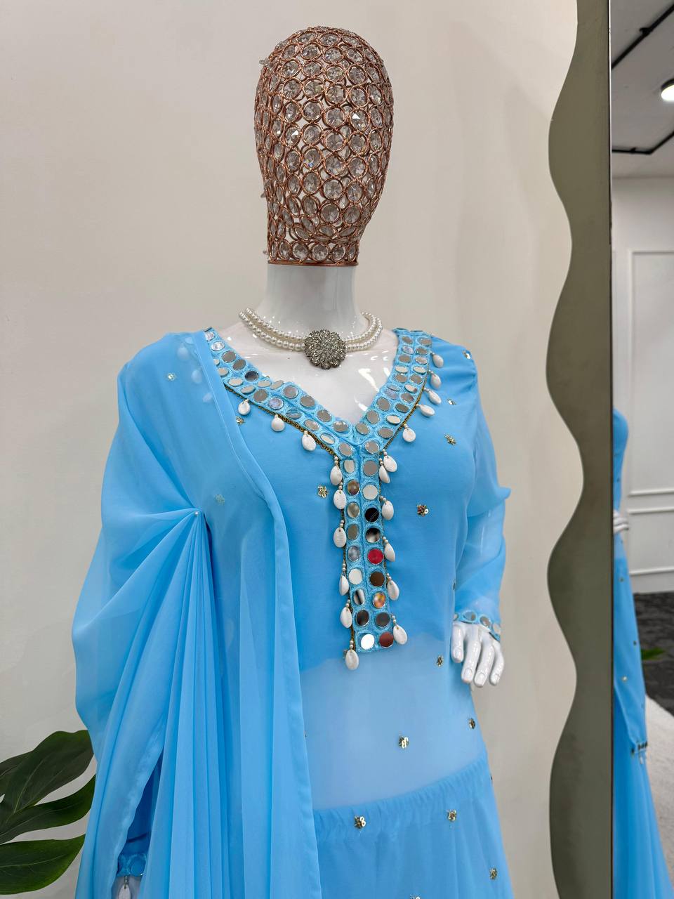 Sky Blue Elegant Mirror Work Georgette Suit Set ClothsVilla