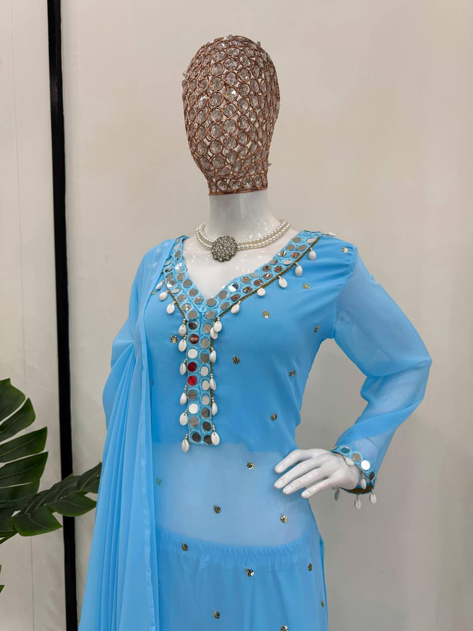 Sky Blue Elegant Mirror Work Georgette Suit Set ClothsVilla