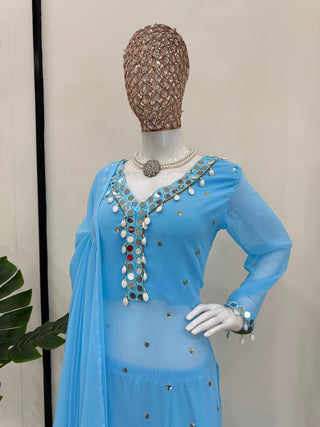Sky Blue Elegant Mirror Work Georgette Suit Set ClothsVilla