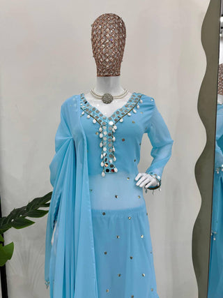 Sky Blue Elegant Mirror Work Georgette Suit Set ClothsVilla