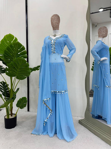 Sky Blue Elegant Mirror Work Georgette Suit Set ClothsVilla