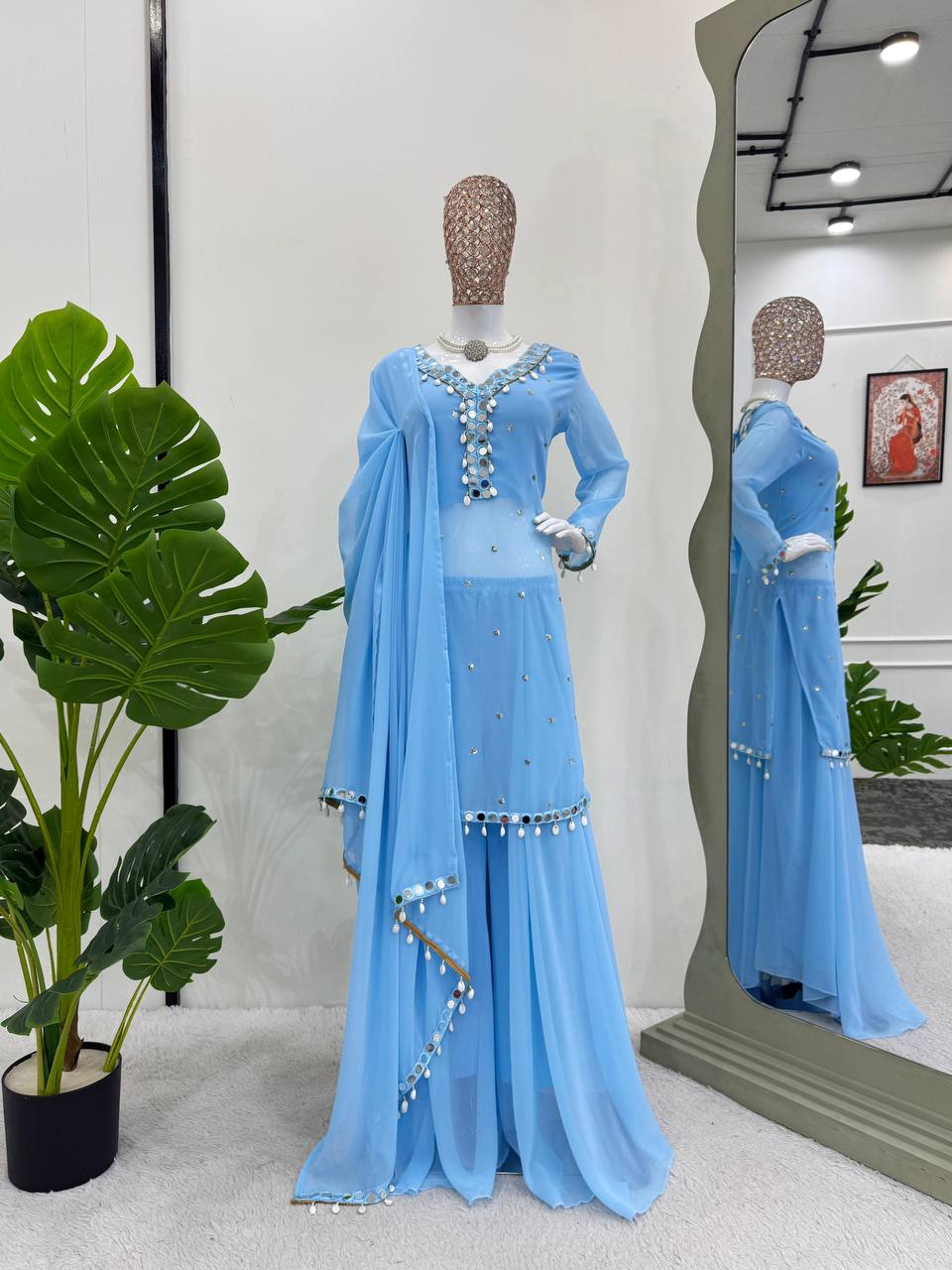 Sky Blue Elegant Mirror Work Georgette Suit Set ClothsVilla Main image