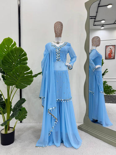 Sky Blue Elegant Mirror Work Georgette Suit Set ClothsVilla