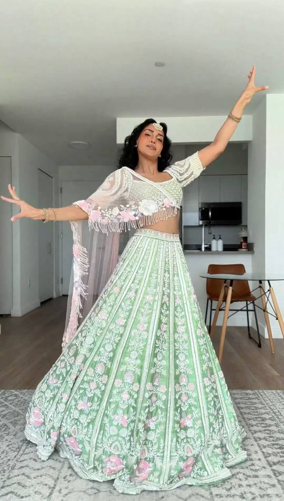 Sky Blue Elegant Mono Banglory Thread & Sequin Embroidered Lehenga Choli Set with Fancy Dupatta ClothsVilla