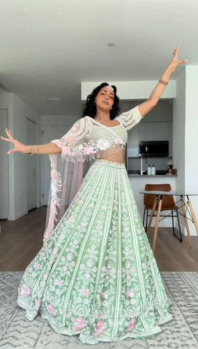 Sky Blue Elegant Mono Banglory Thread & Sequin Embroidered Lehenga Choli Set with Fancy Dupatta ClothsVilla