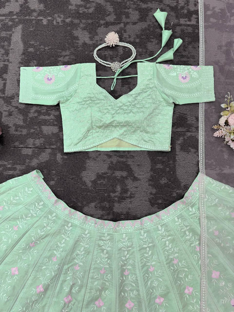 Sky Blue Elegant Mono Banglory Thread & Sequin Embroidered Lehenga Choli Set with Fancy Dupatta ClothsVilla