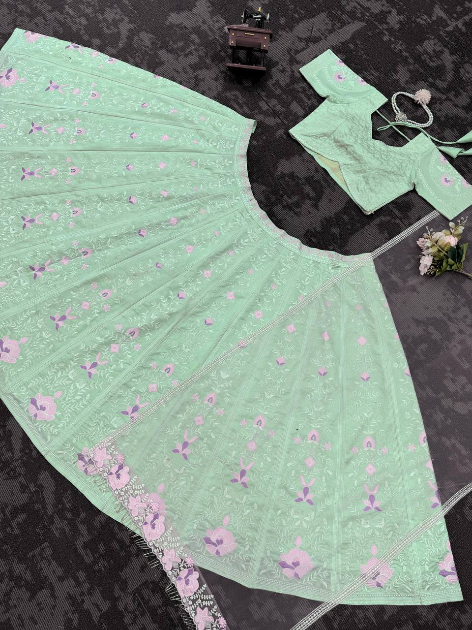 Sky Blue Elegant Mono Banglory Thread & Sequin Embroidered Lehenga Choli Set with Fancy Dupatta ClothsVilla
