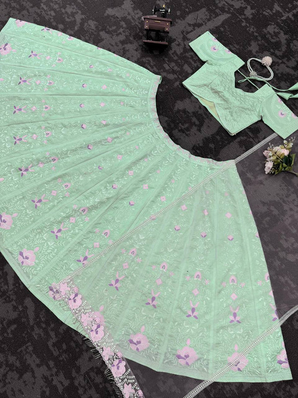 Sky Blue Elegant Mono Banglory Thread & Sequin Embroidered Lehenga Choli Set with Fancy Dupatta ClothsVilla
