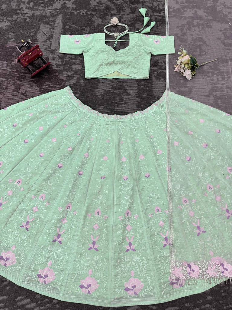 Sky Blue Elegant Mono Banglory Thread & Sequin Embroidered Lehenga Choli Set with Fancy Dupatta ClothsVilla