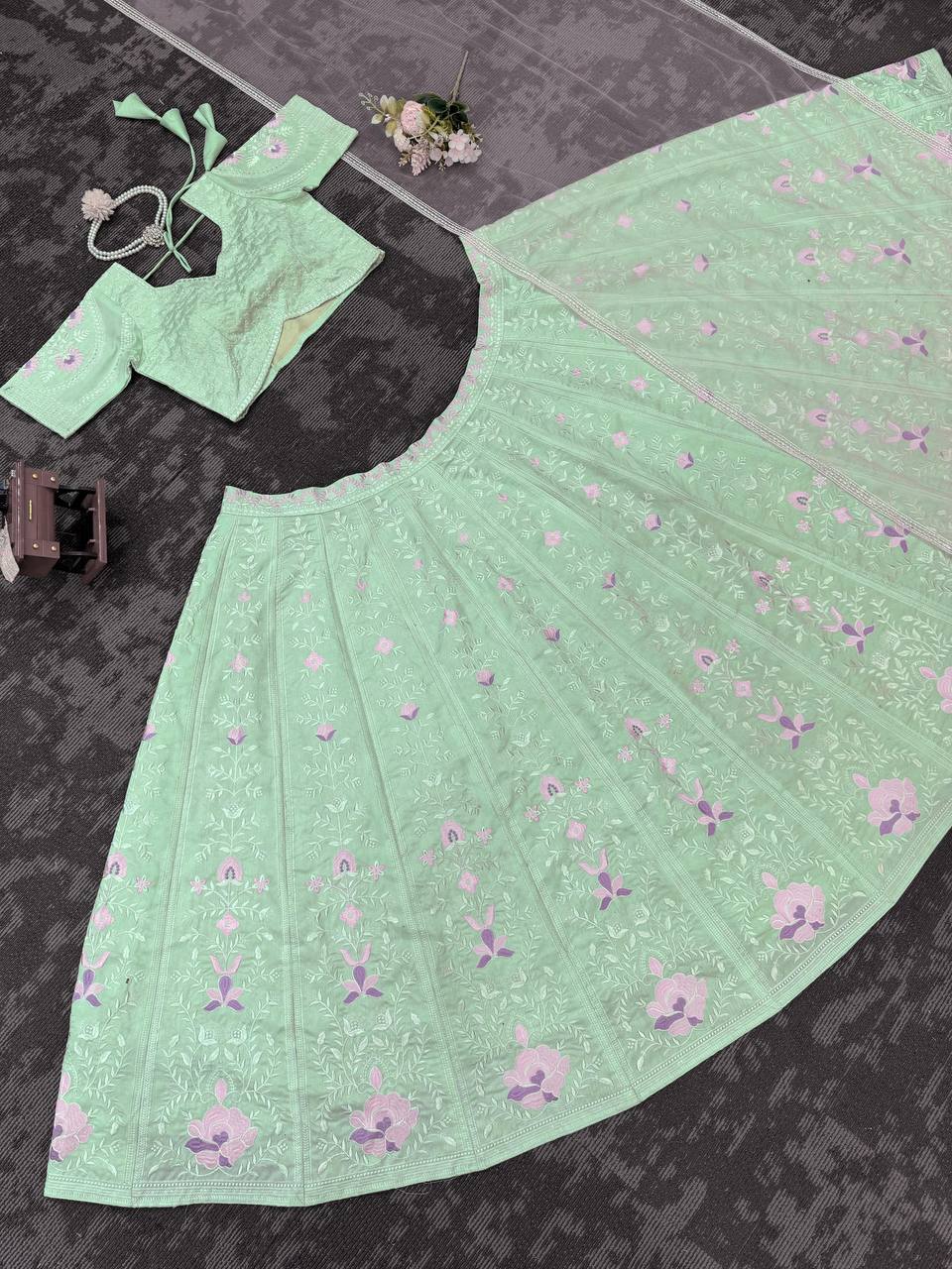 Sky Blue Elegant Mono Banglory Thread & Sequin Embroidered Lehenga Choli Set with Fancy Dupatta ClothsVilla