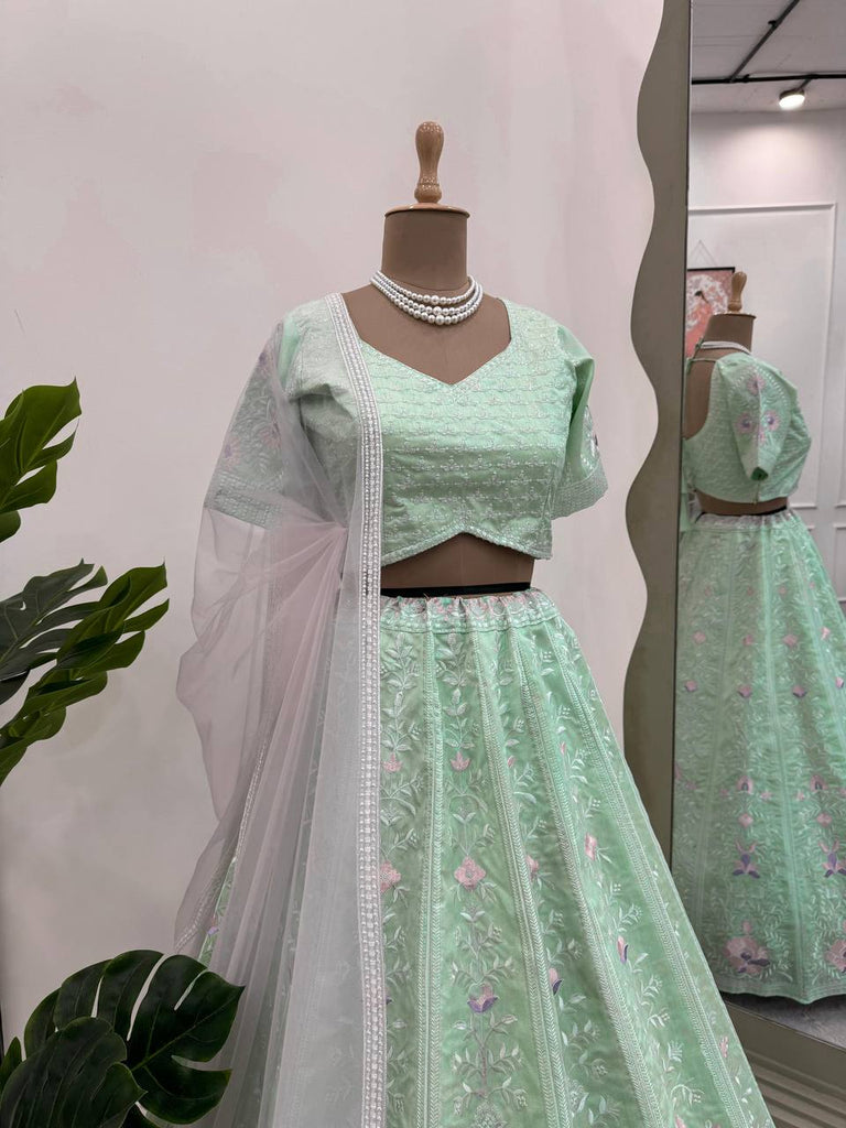 Sky Blue Elegant Mono Banglory Thread & Sequin Embroidered Lehenga Choli Set with Fancy Dupatta ClothsVilla
