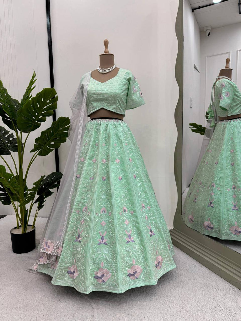 Sky Blue Elegant Mono Banglory Thread & Sequin Embroidered Lehenga Choli Set with Fancy Dupatta ClothsVilla