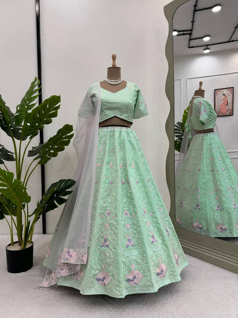 Sky Blue Elegant Mono Banglory Thread & Sequin Embroidered Lehenga Choli Set with Fancy Dupatta ClothsVilla